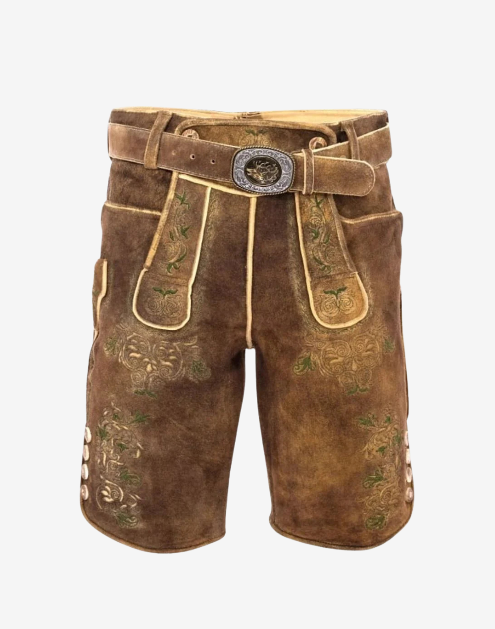 Alpine Vintage Men Lederhosen brown suede leather shorts with embroidered front bib panels, belt buckle, and traditional styling