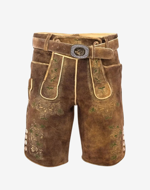 Alpine Vintage Men Lederhosen brown suede leather shorts with embroidered front bib panels, belt buckle, and traditional styling