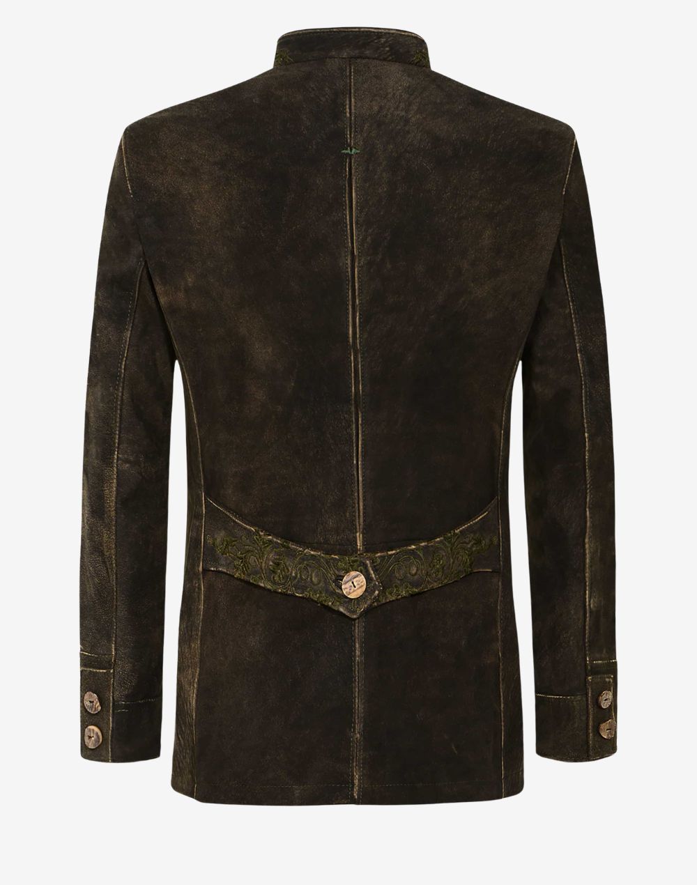 Back view of antique brown leather Alpine jacket showcasing tailored fit, decorative back belt detail, and classic Bavarian craftsmanship.