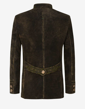 Back view of antique brown leather Alpine jacket showcasing tailored fit, decorative back belt detail, and classic Bavarian craftsmanship.