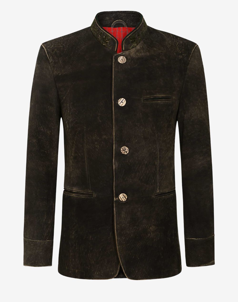 Front view of antique brown leather Alpine jacket featuring traditional Bavarian design, stand collar, button closure, and vintage distressed leather finish.