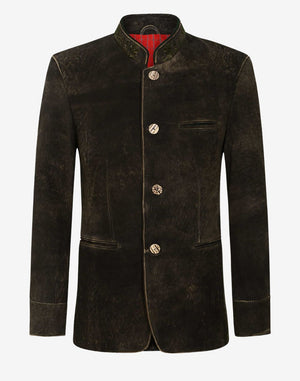 Front view of antique brown leather Alpine jacket featuring traditional Bavarian design, stand collar, button closure, and vintage distressed leather finish.