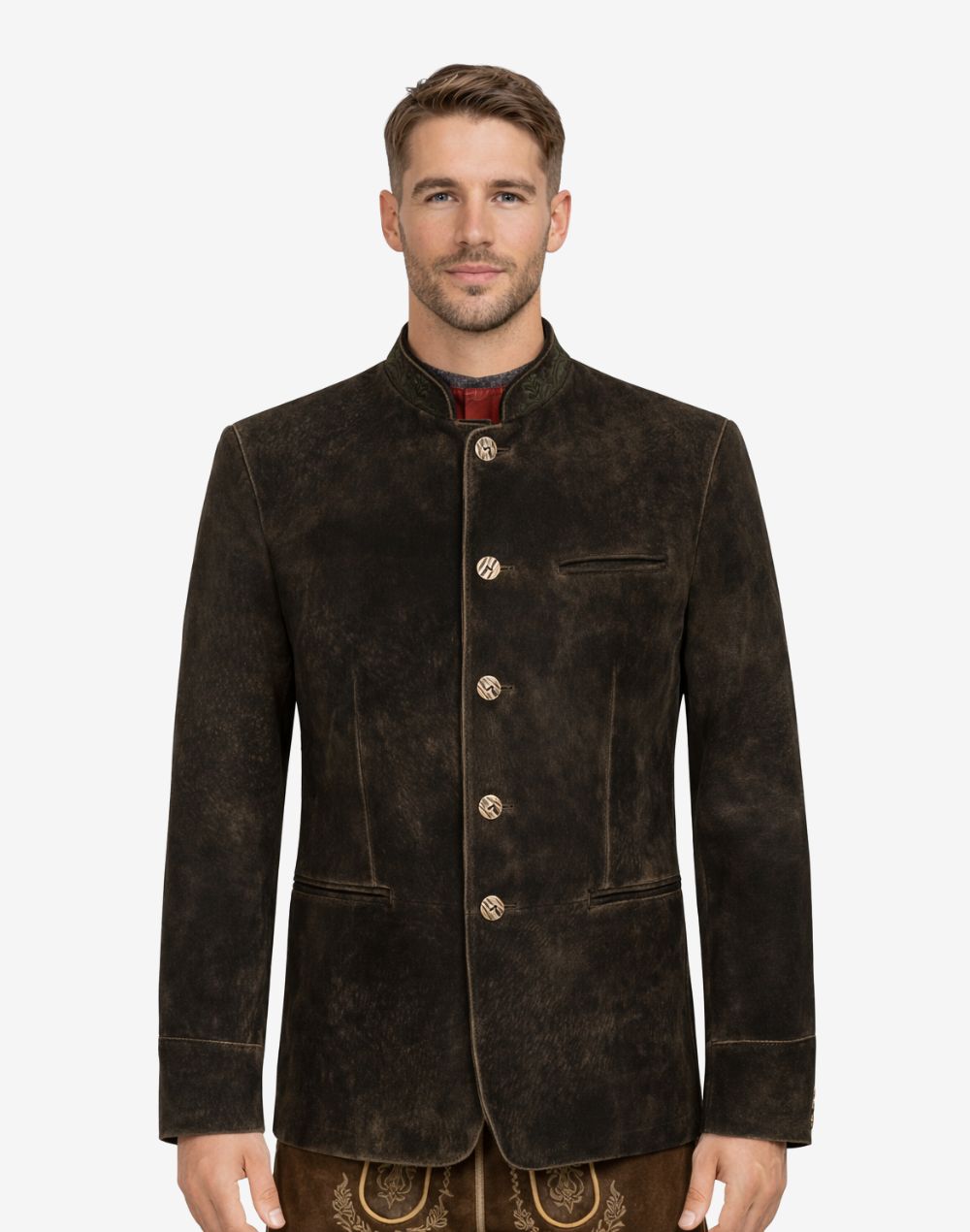 Model wearing antique brown leather Alpine jacket with traditional Bavarian style, stand collar, button front, and authentic Oktoberfest look.