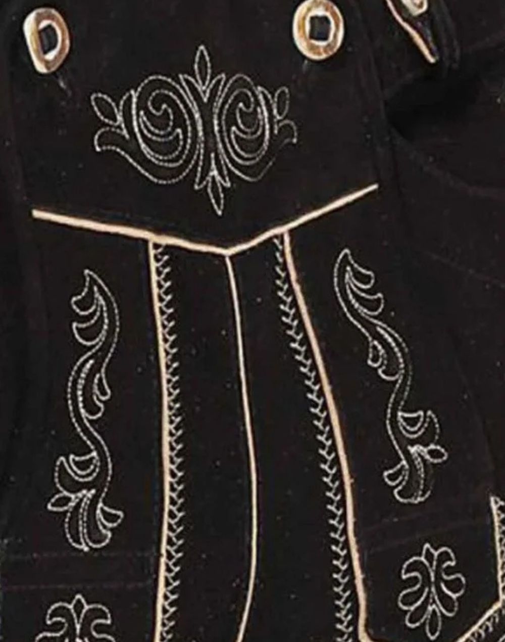 Close-up of front embroidery on authentic alpine bundhosen showing decorative stitching, traditional patterns and premium leather texture
