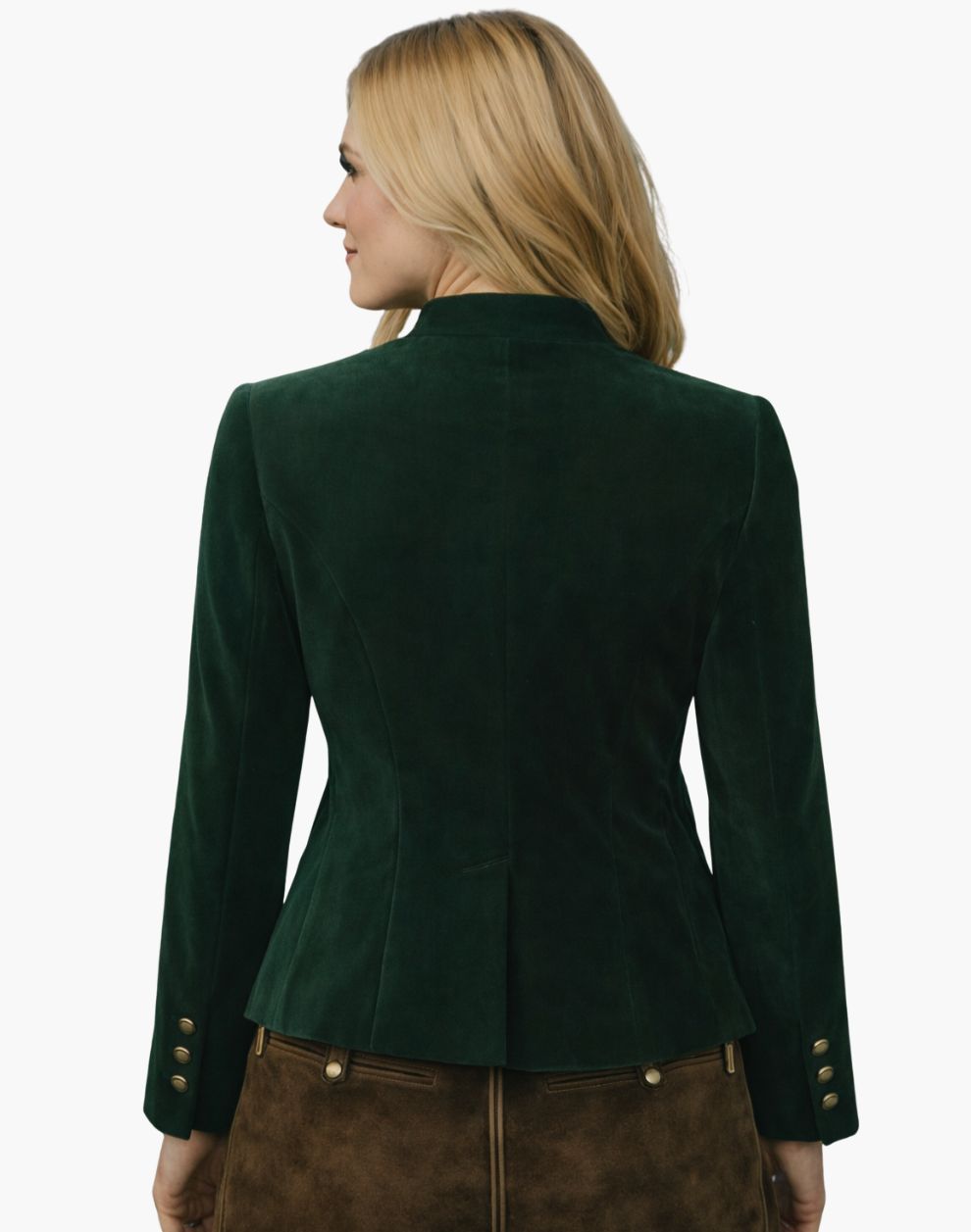 Back view of a woman wearing an authentic alpine green velvet Trachten jacket with a fitted waist and traditional Bavarian tailoring, paired with brown lederhosen, against a white background.