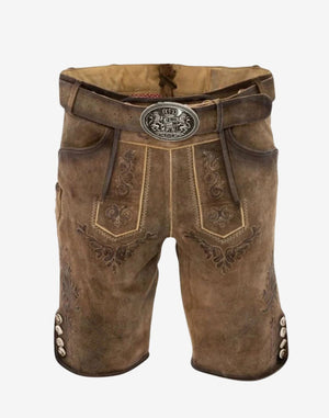 Main image: Authentic Alpine Lederhosen Men tan suede shorts with embossed bib, belt buckle, side buttons