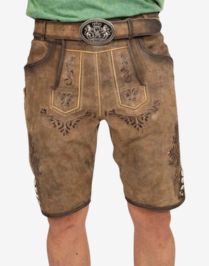 Front on model: Lederhosen Men Authentic Alpine front view showing bib panels, decorative stitching, and belt detail