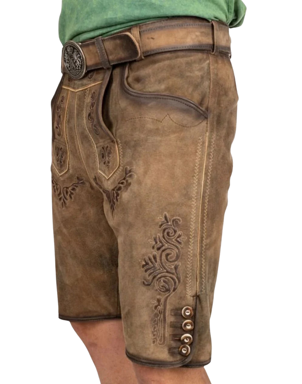 Three quarter: Alpine Lederhosen Men Authentic angled view highlighting front bib pattern and leg button placket