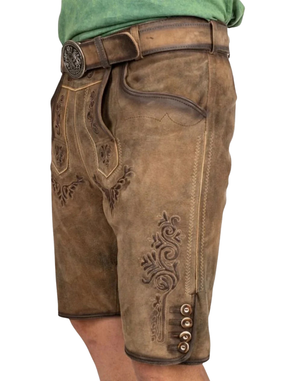 Three quarter: Alpine Lederhosen Men Authentic angled view highlighting front bib pattern and leg button placket