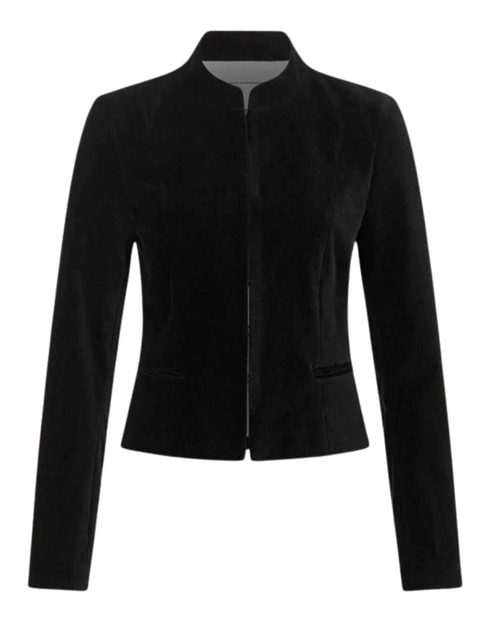 Front view of a black velvet women’s jacket with a high collar and tailored slim-fit design, isolated on a white background.