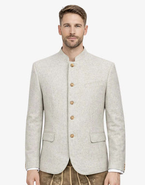Man wearing a light gray blazer with wooden buttons on a white background