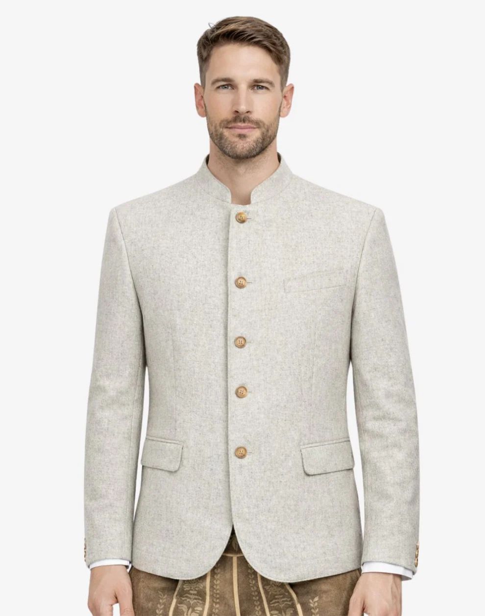 Man wearing a light gray blazer with wooden buttons on a white background
