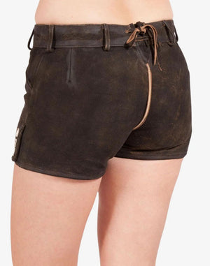 Brown shorts worn by a person on a white background