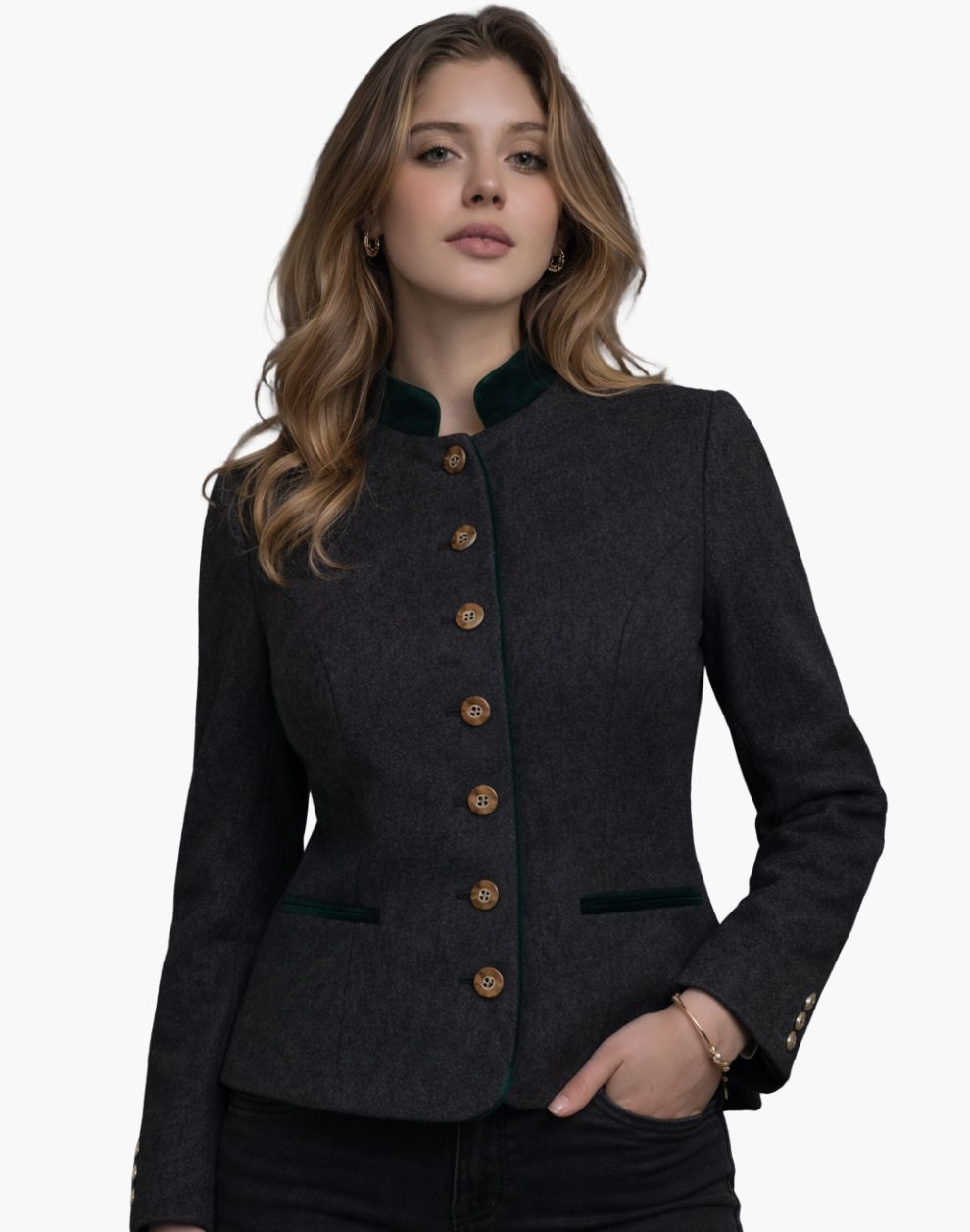 Female model in dark grey authentic Bavarian Trachten jacket featuring green trim, traditional buttons, and tailored fit on a white background.