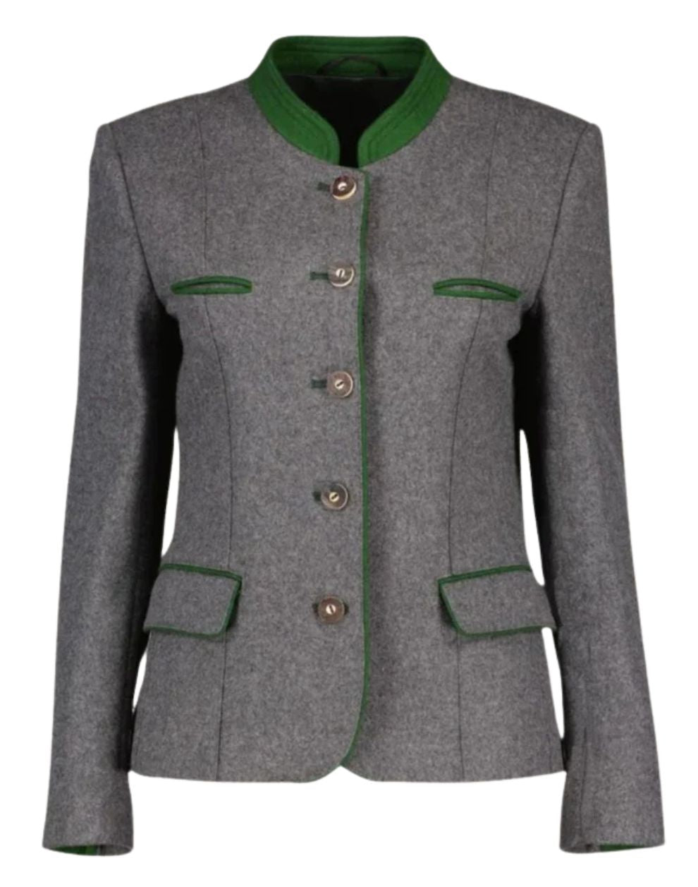 Front view of a grey Bavarian Trachten jacket with green trim, decorative buttons, and a fitted traditional design, isolated on a white background.