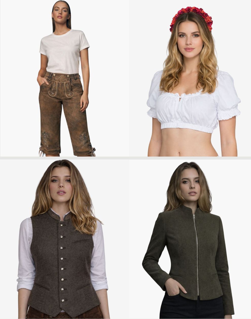 Collage of four images featuring women wearing different outfits on a white background.