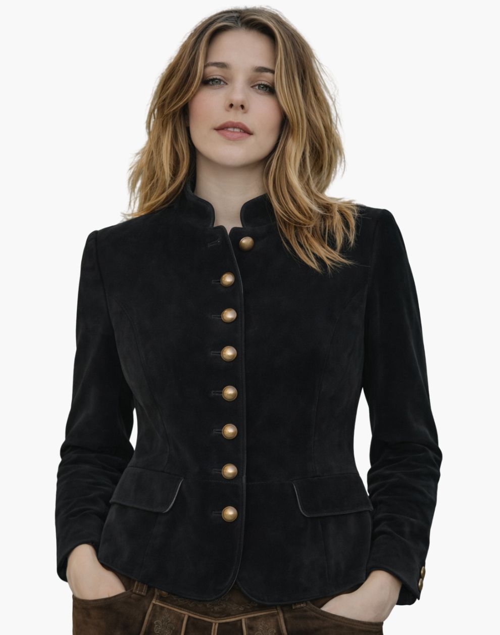 Woman wearing an authentic black suede Trachten jacket with traditional buttons, fitted silhouette, and classic Bavarian design, paired with brown lederhosen, against a white background.