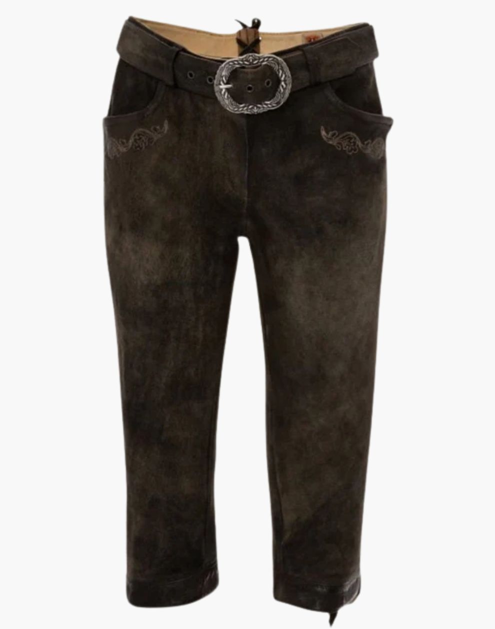 Brown leather pants with a belt and buckle on a white background