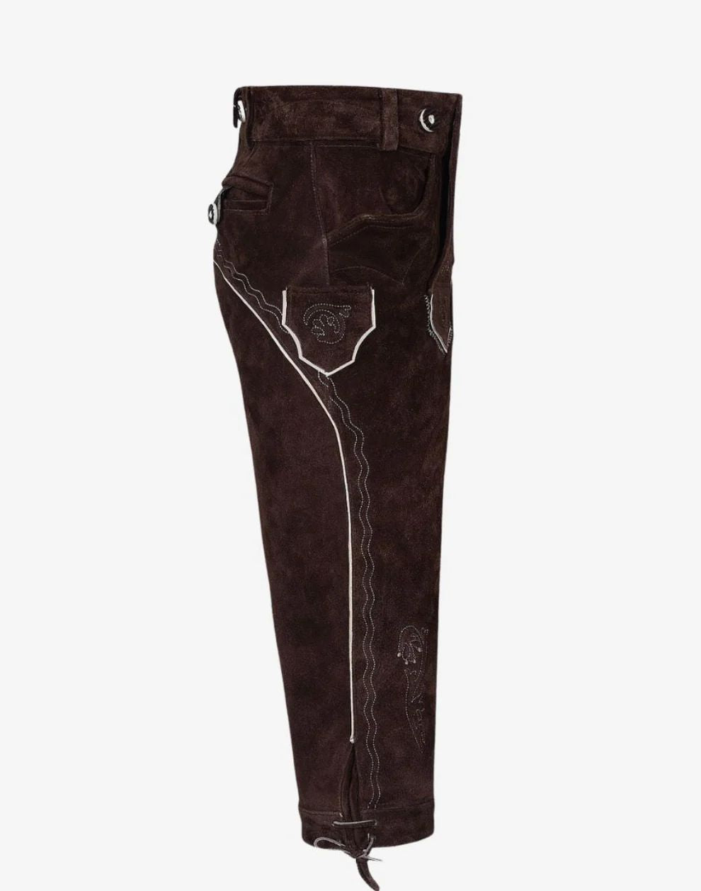Brown pants with white stitching on a white background
