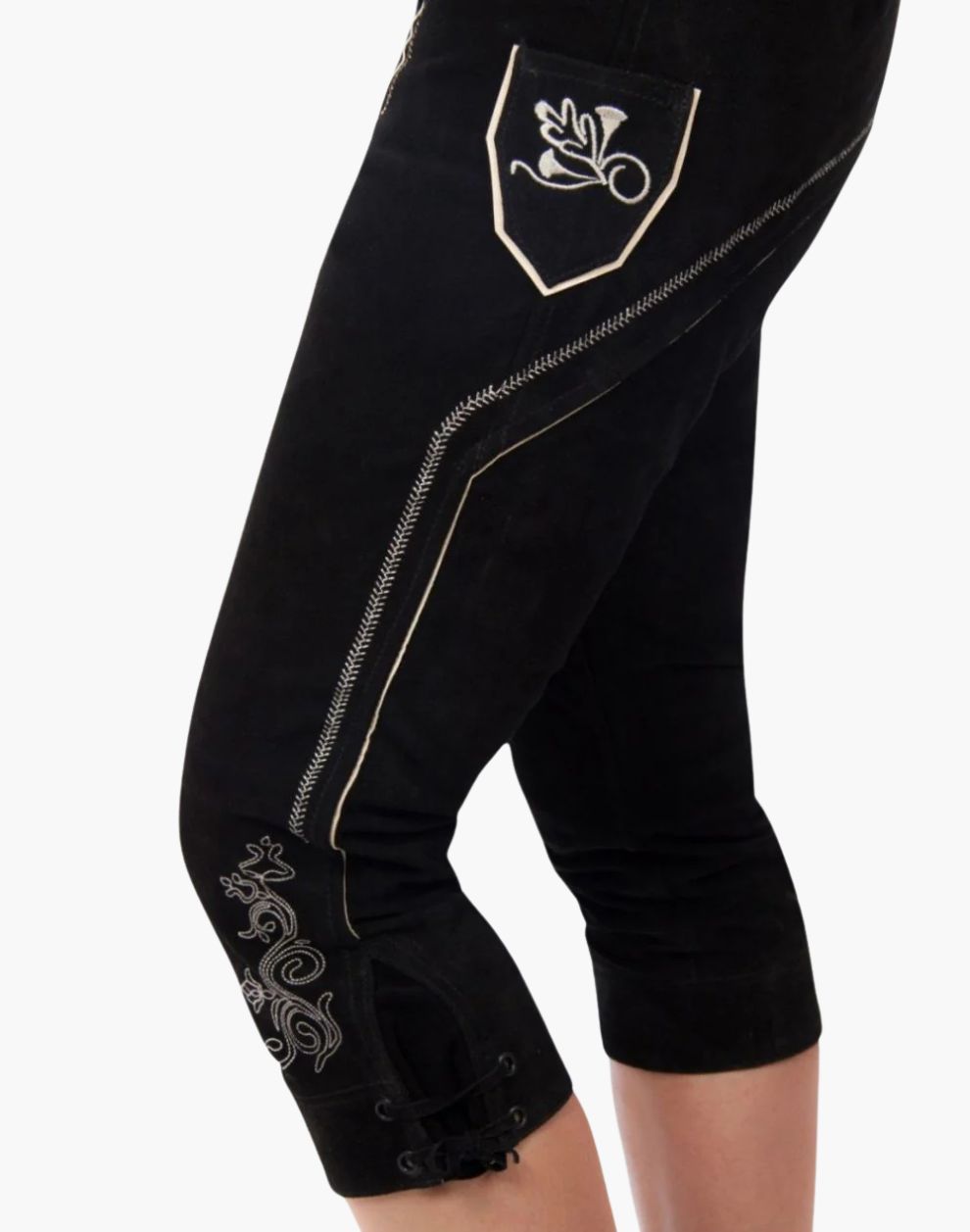 Black capri pants with decorative white and gray patterns on a white background