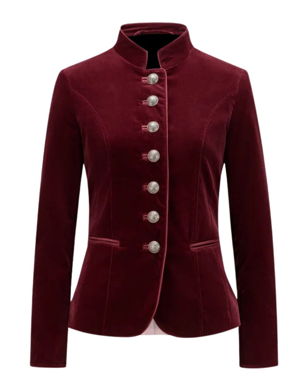 Maroon velvet jacket with silver buttons on a white background