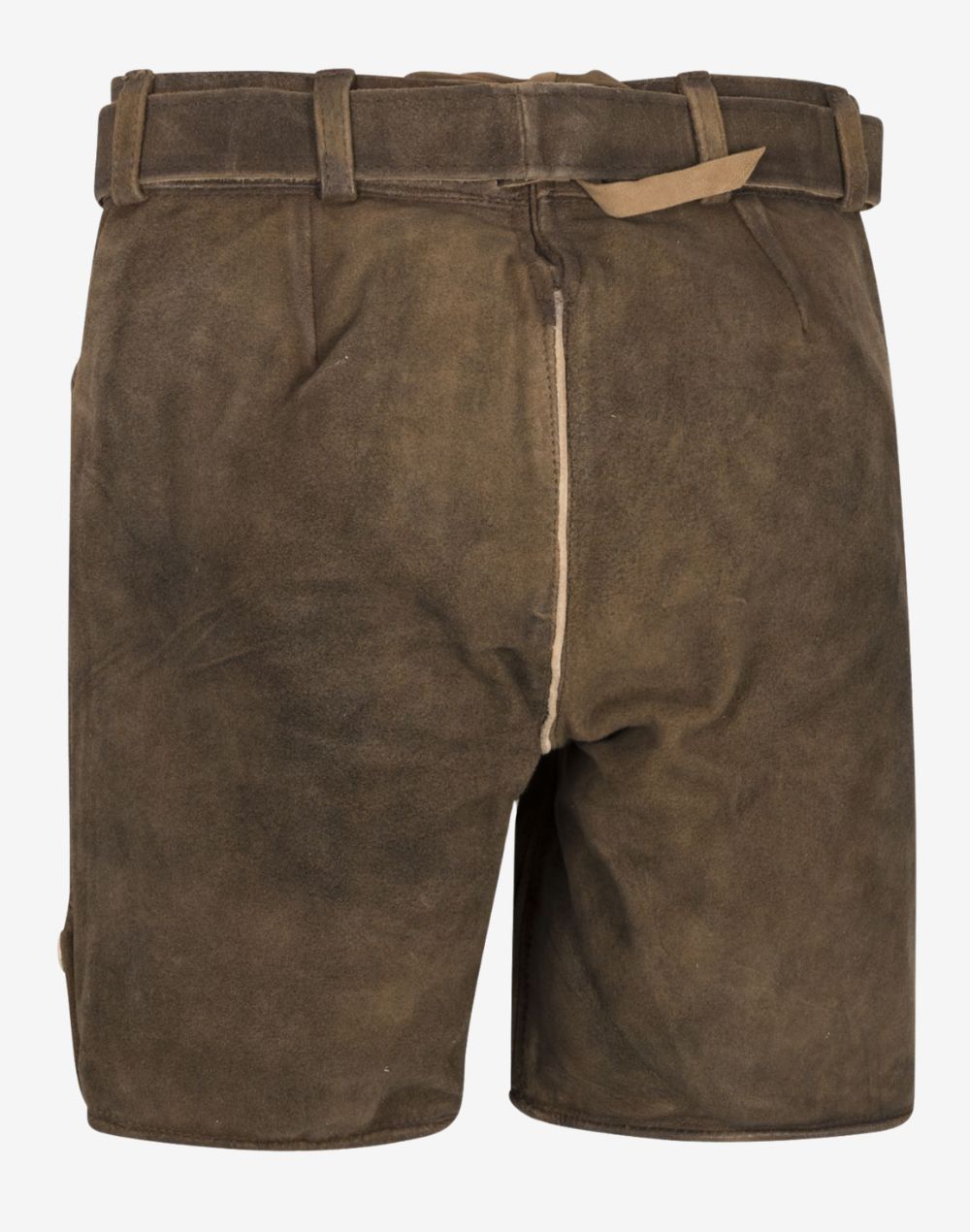 Back view of brown suede women’s lederhosen shorts with adjustable lace-up waistband and vintage distressed leather texture.