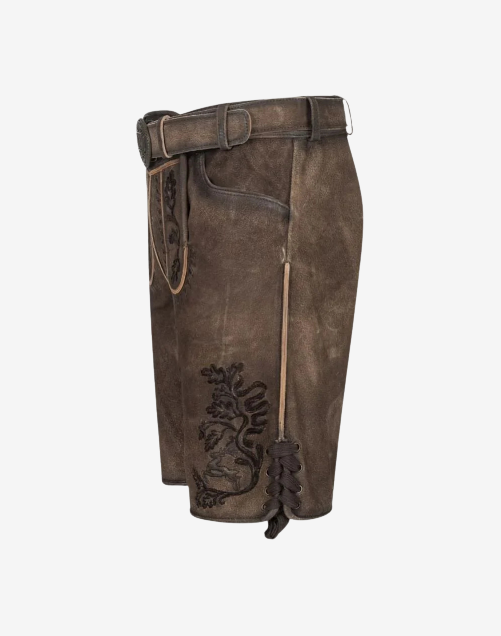 Men Authentic German Lederhosen close side view, belt loops and seam detail, dark embroidery panel, tassel lacing