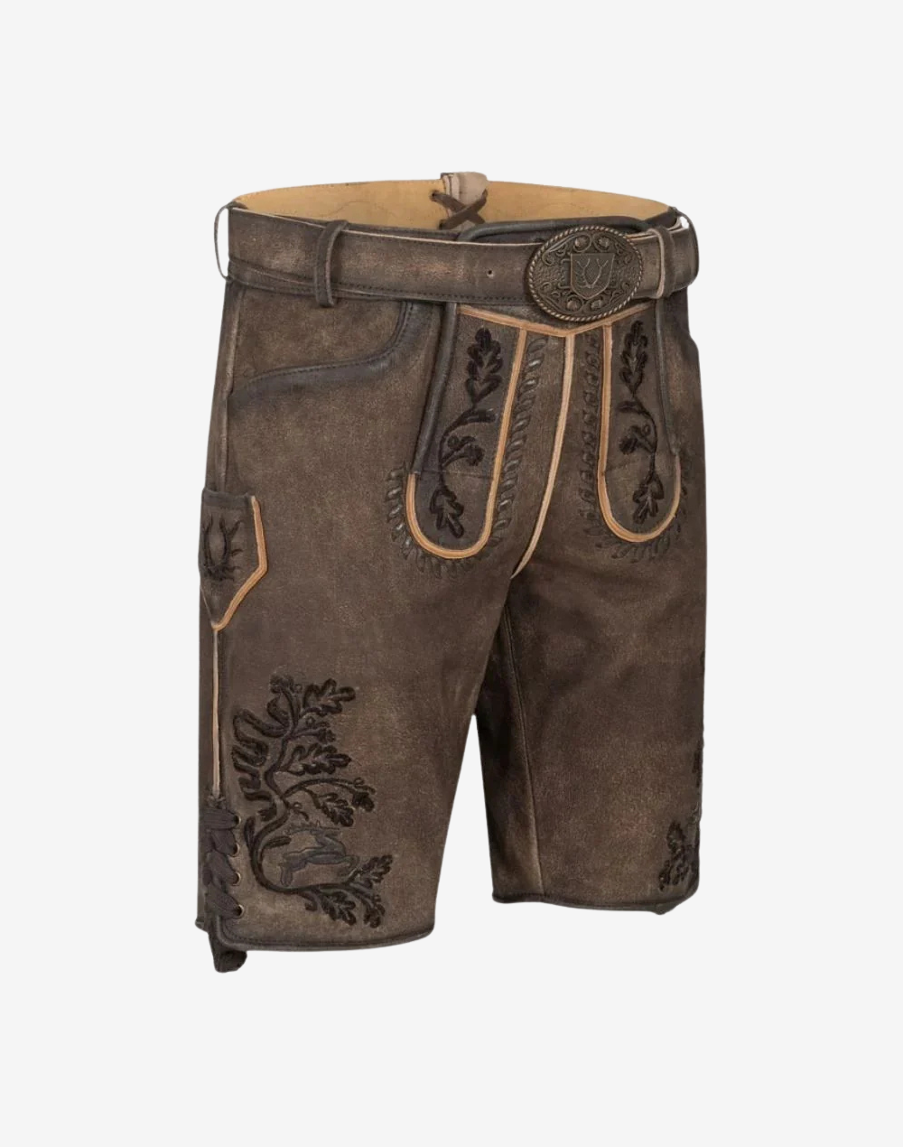 Angled front view shows belt buckle and embroidered flap on Authentic German Lederhosen Men, rustic brown suede