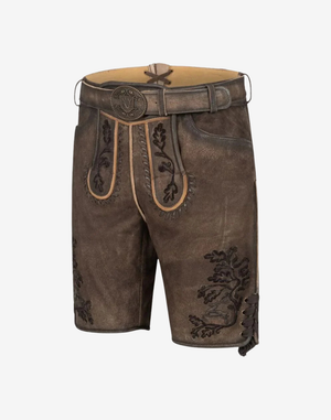 Three quarter front view, rustic suede lederhosen with black leg embroidery and flap, Authentic German Lederhosen Men