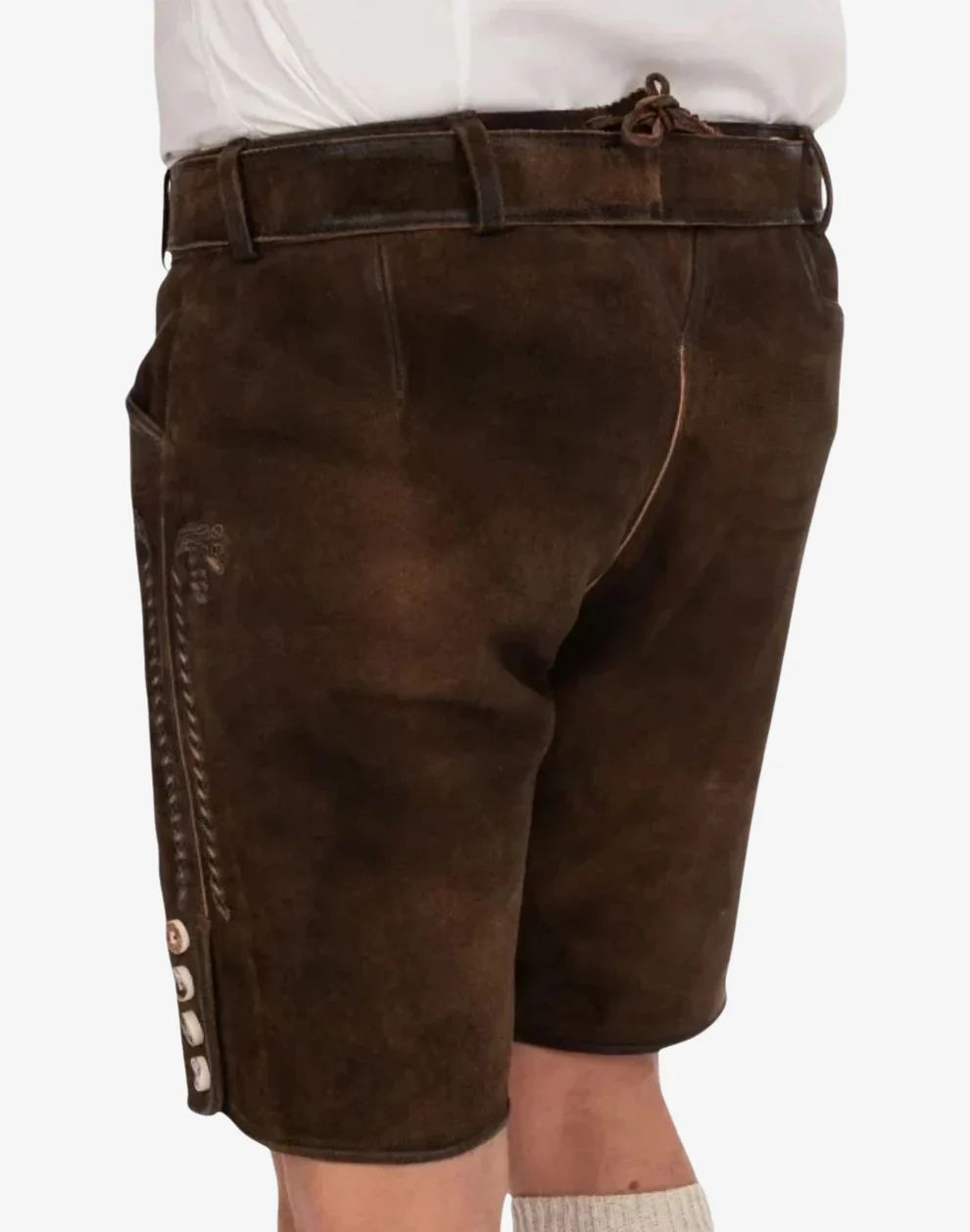 Brown leather shorts with button details on a white background