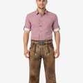 Front view of model wearing Authentic Mens Bavarian Bundhosen with embroidered leather knee pants and traditional Oktoberfest style belt