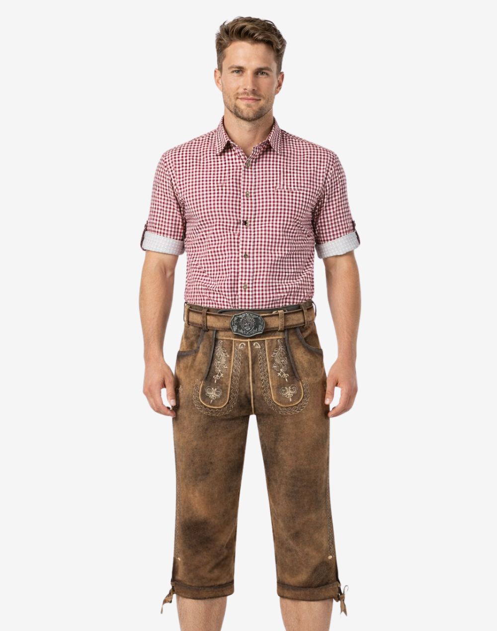 Front view of model wearing Authentic Mens Bavarian Bundhosen with embroidered leather knee pants and traditional Oktoberfest style belt