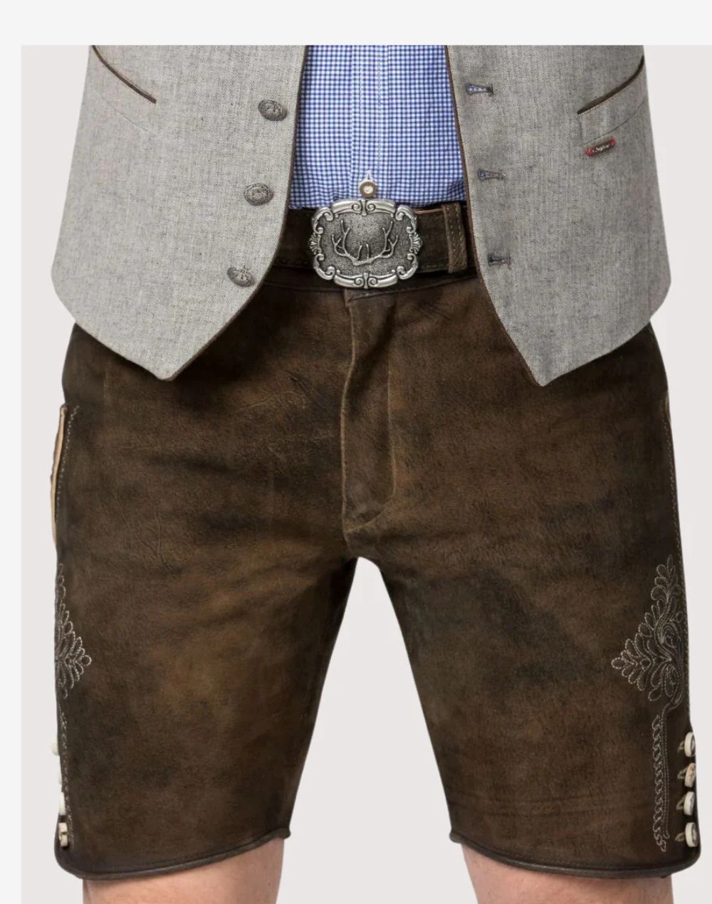 “Men’s brown leather lederhosen shorts featuring ornate embroidery, front pockets, and a matching belt with a metal buckle.”