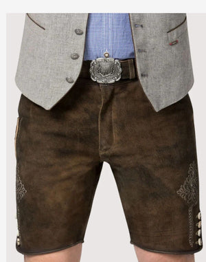 “Men’s brown leather lederhosen shorts featuring ornate embroidery, front pockets, and a matching belt with a metal buckle.”