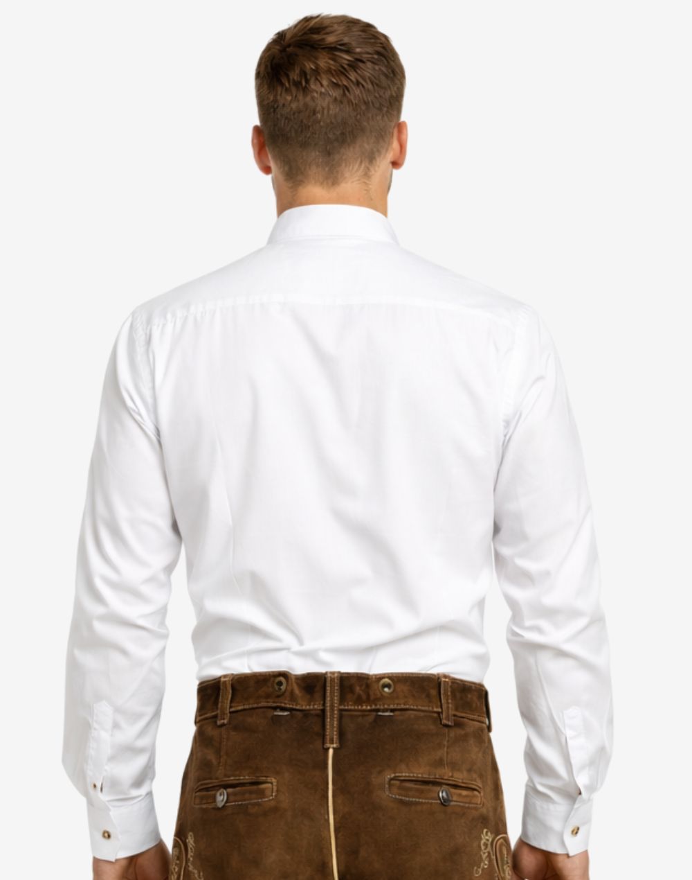 Model wearing authentic mens Bavarian shirt back view showing clean rear panel, long sleeves and traditional Bavarian fit