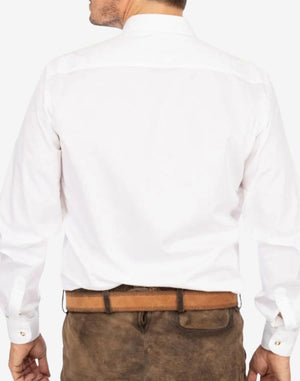 Back view of authentic mens Bavarian shirt displaying smooth fabric finish, long sleeves and traditional relaxed Oktoberfest fit design