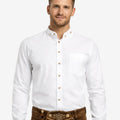 Model wearing authentic mens Bavarian shirt front view featuring traditional stand collar, button front and classic fit styling