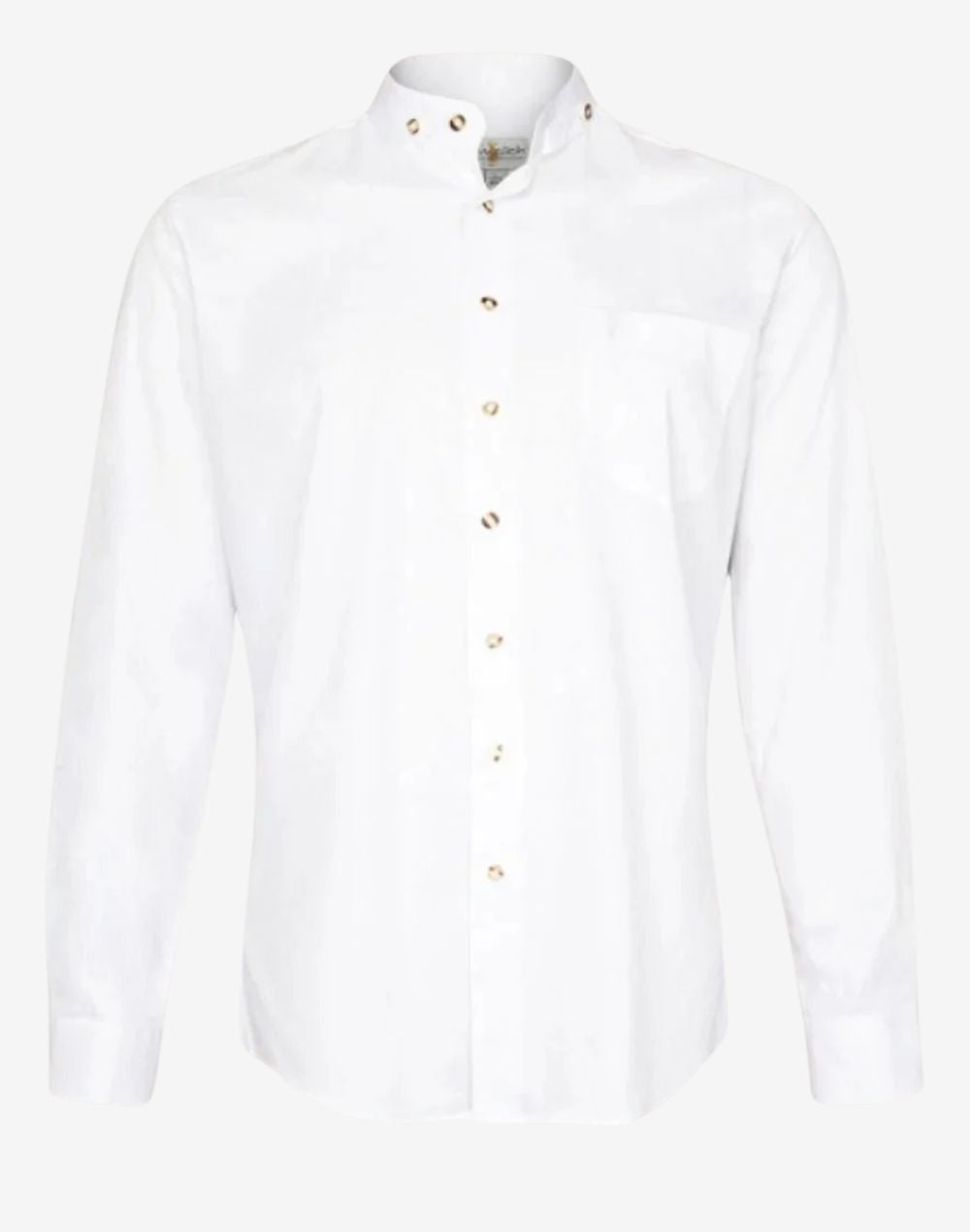 authentic mens Bavarian shirt in white featuring traditional stand collar, button front design and classic Oktoberfest style