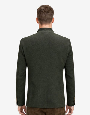 Back view of model wearing Authentic Mens Bavarian Trachten Jacket showing tailored alpine fit and clean rear panel