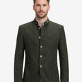 Front view of model wearing Authentic Mens Bavarian Trachten Jacket in dark green wool with horn buttons