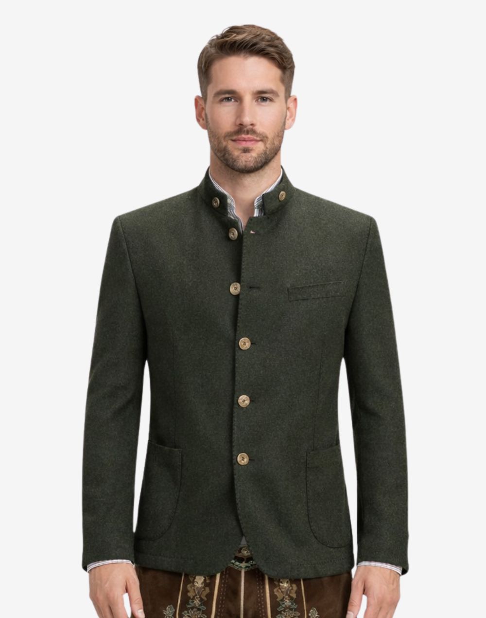 Front view of model wearing Authentic Mens Bavarian Trachten Jacket in dark green wool with horn buttons