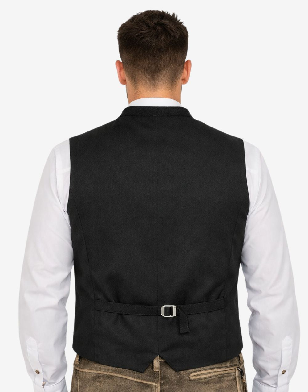 Back view of authentic mens Bavarian trachten vest showing adjustable rear strap, tailored fit and traditional alpine waistcoat design