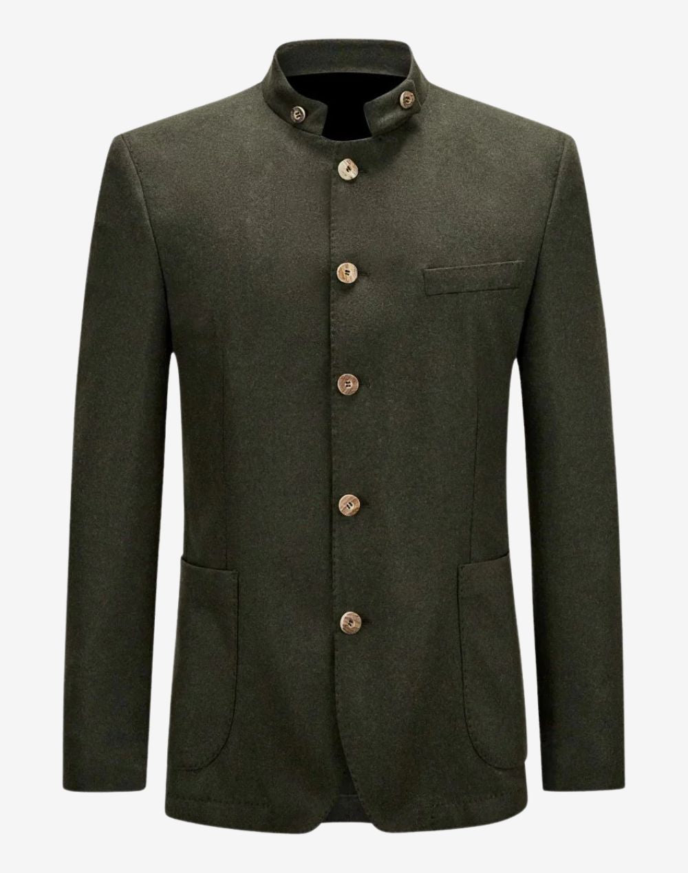 Green jacket with button details on a white background