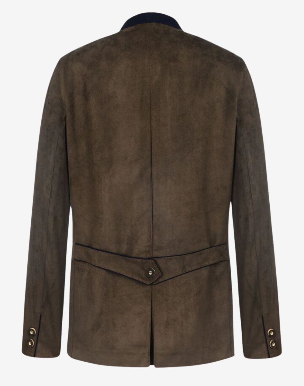 Back view of authentic mens leather trachten jacket showing tailored rear structure, adjustable back strap and traditional alpine design details