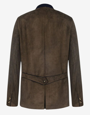 Back view of authentic mens leather trachten jacket showing tailored rear structure, adjustable back strap and traditional alpine design details