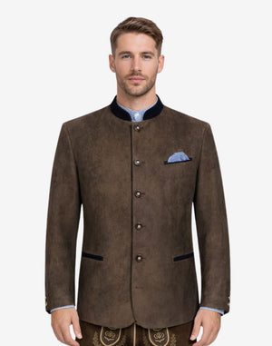 Front view of model wearing Authentic Mens Leather Trachten Jacket in vintage brown with stand collar and horn buttons