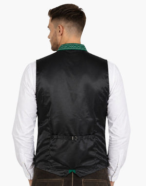 Back view of authentic men’s Bavarian Trachten vest featuring a black satin back, adjustable waist strap, green embroidered collar, and traditional Oktoberfest styling.