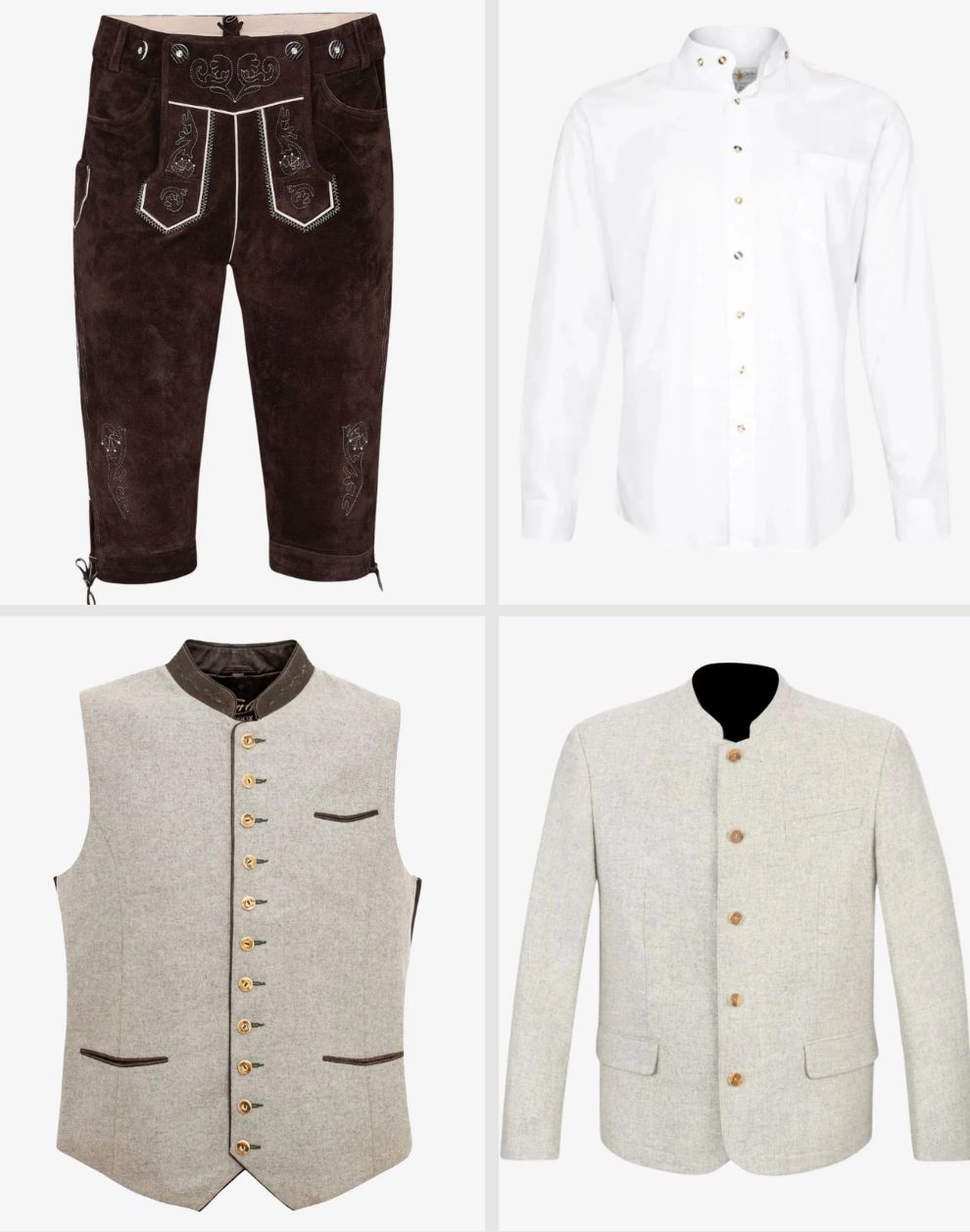 Four pieces of traditional Bavarian clothing including pants, a shirt, a vest, and a jacket.