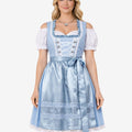 Full front view of model wearing authentic Oktoberfest dirndl showing satin apron lace hem and traditional fit style