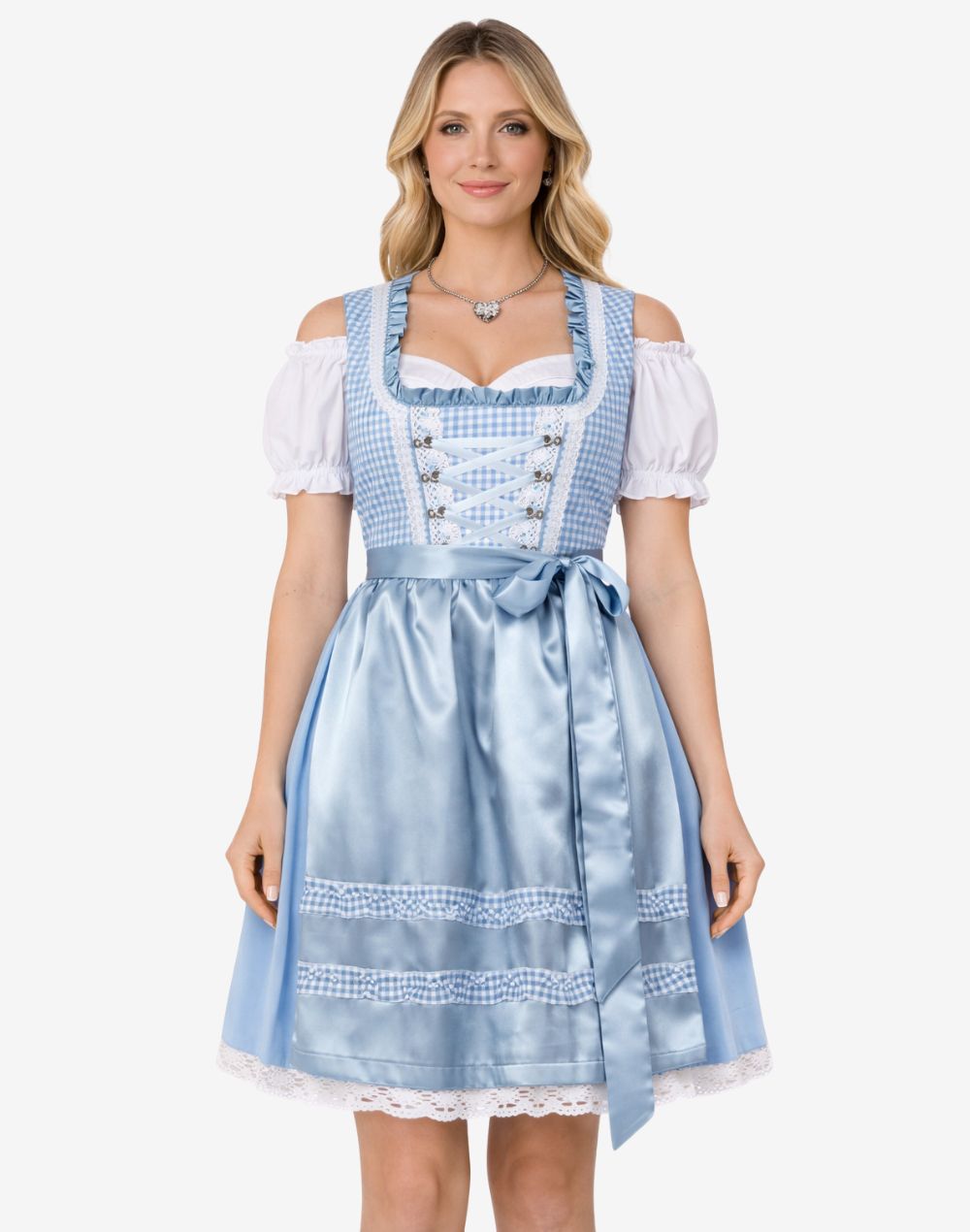 Full front view of model wearing authentic Oktoberfest dirndl showing satin apron lace hem and traditional fit style